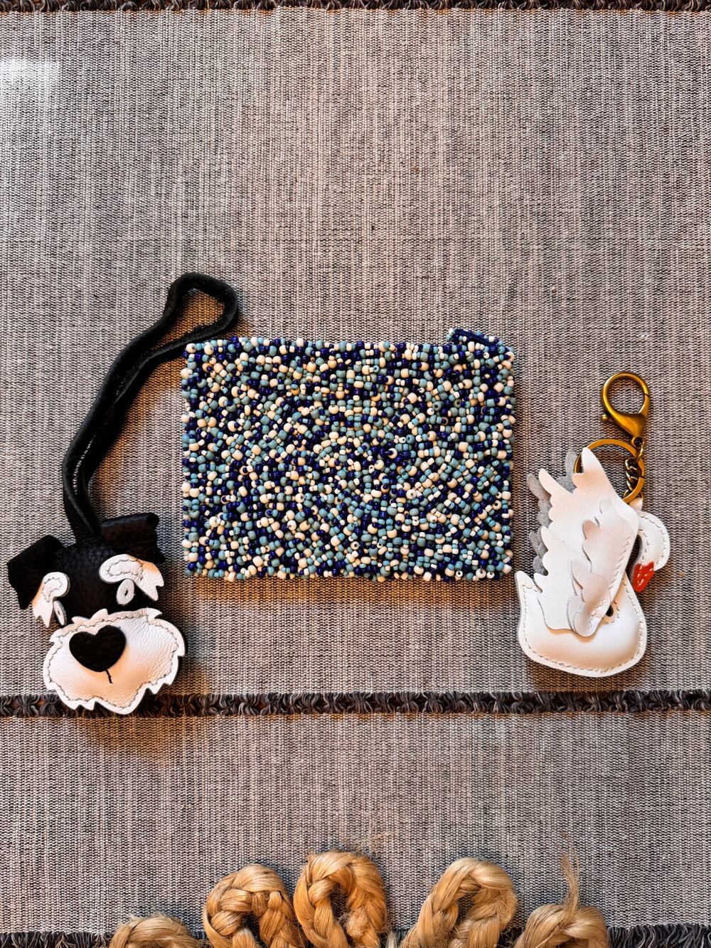 Bundle Set of 3 Blue Beaded Coin Purse Real Leather Swan Dog Bag Charms
